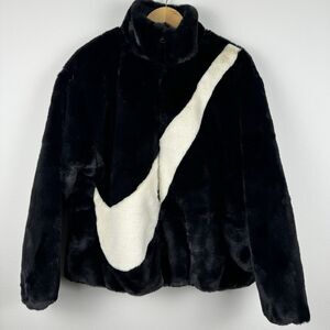 Nike Sportswear Womens Black Fossil Faux Fur Full Zip Jacket Size XS DO3791-010